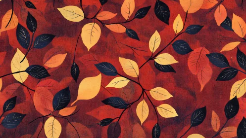 Layered autumn foliage pattern shows textured painted leaves