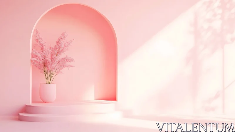 Monochrome blush alcove with volumetric floral diffusion.