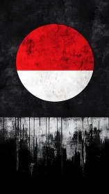 Weathered red-white circle contrasts with dripping monochrome field