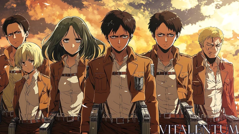 Militarized anime squad with ODM gear under dramatic sky