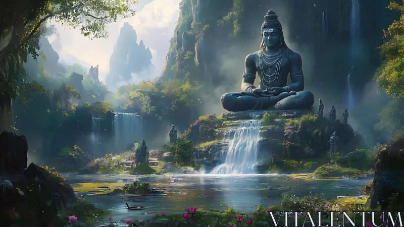 Large seated deity statue dominates misty waterfall landscape
