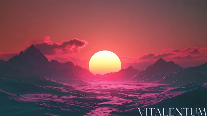 Dreamy neon sunset over otherworldly crystal waves.