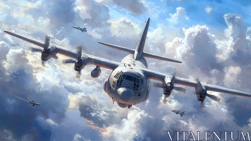 Military transport aircraft leading jets through clouds.