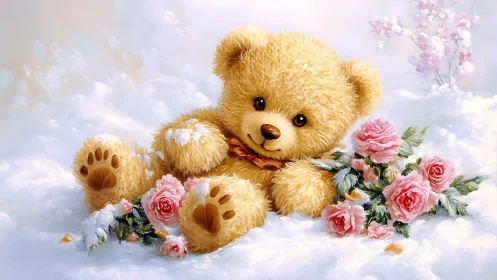 Fluffy teddy bear with pastel roses in soft snowscape.