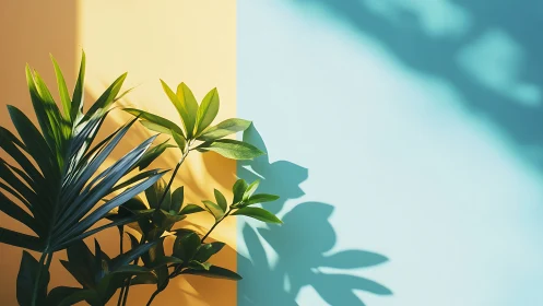 Green foliage casts layered shadows on divided wall