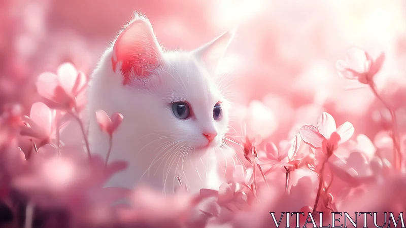 Alabaster Feline Dream Among Rose Garden Whispers.