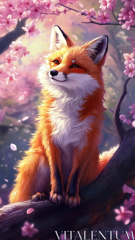 Radiant fox rendered amid backlit cherry blossoms in soft bokeh
