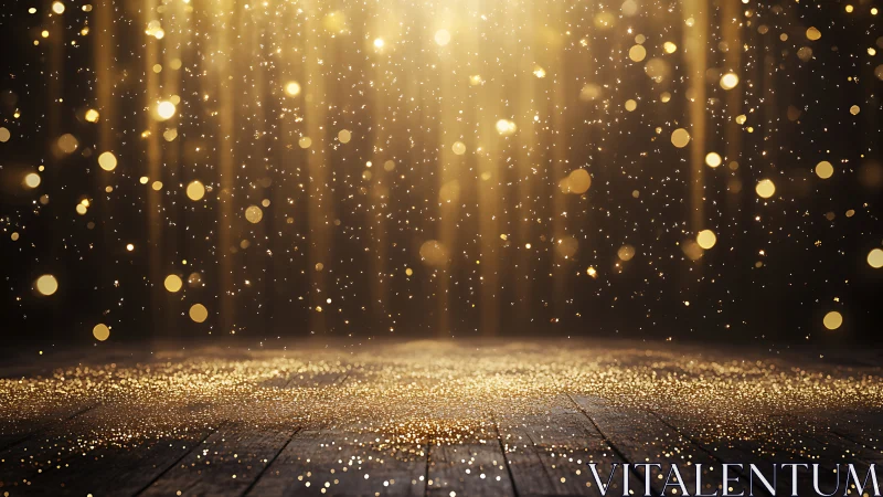 Golden sparkle rain drifting onto a quiet wooden stage.
