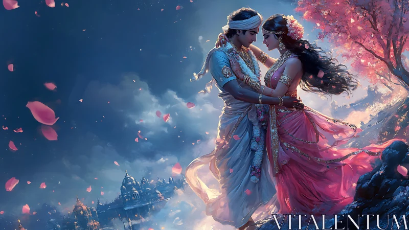 Ornate figures in cloud landscape with floating petals.