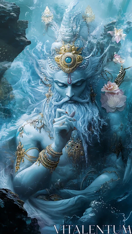Mythic blue sea deity with ornate gold adornments underwater.
