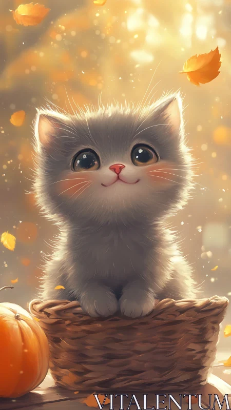 White Kitten in Woven Basket with Autumn Setting