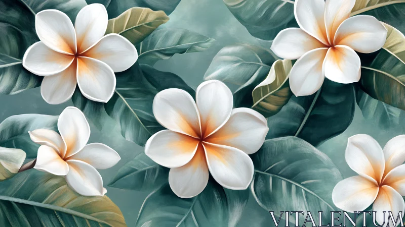 White Plumeria Flowers with Gradient Orange Centers on Teal Foliage