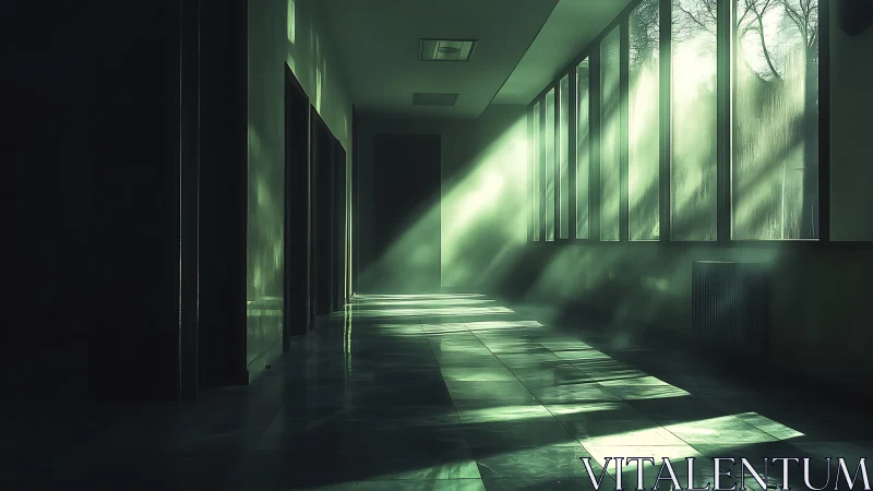 Green sunbeams quietly invade a deserted glass corridor