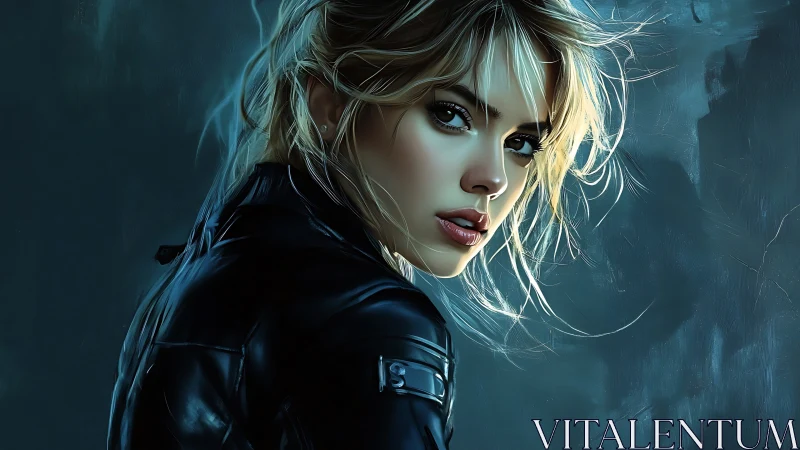 Luminous rebel in leather pauses beneath stormy blue light.