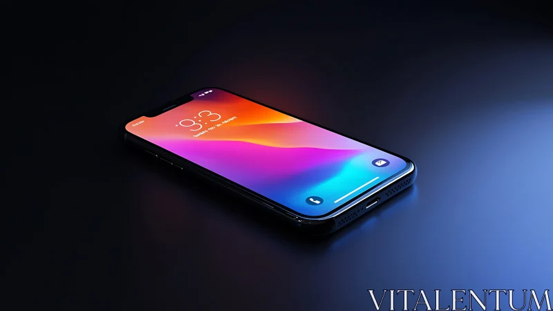 Sleek smartphone glows on dark surface in vivid gradient light.