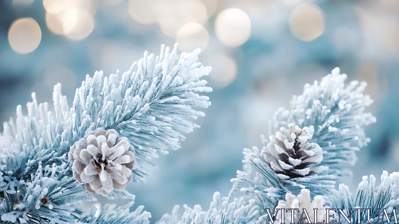Frost-kissed pine cones bask in dreamy winter bokeh glow.