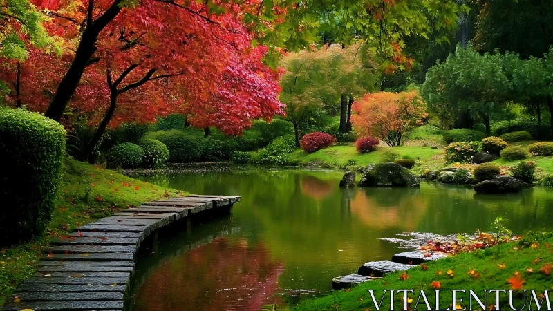 Tranquil Japanese Garden in Autumn with Lush Foliage and Pond.