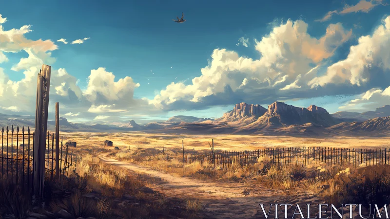 Sparse desert plain with distant mesas and fenced track.