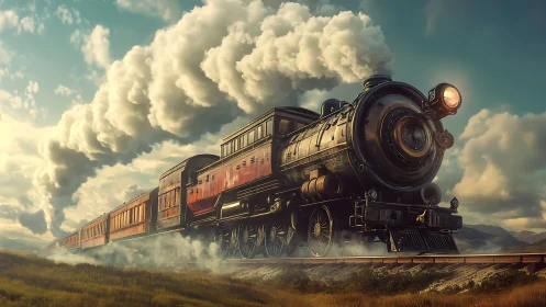 Steam locomotive pulling passenger carriages in landscape.