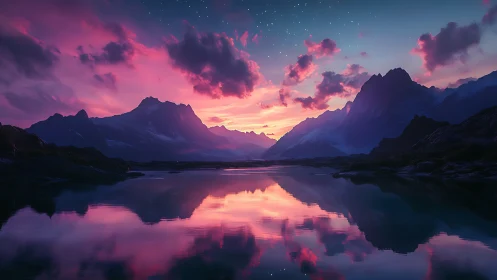 Twilight mountains sipping neon clouds from glassy water.