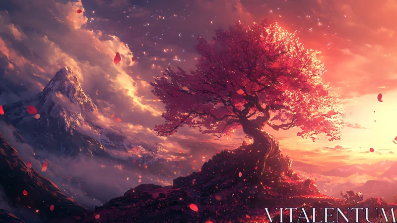 Solitary pink tree on rocky ridge before distant mountain.