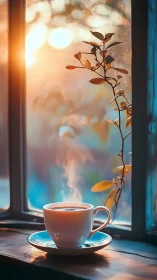 Sunlit coffee cup by window in warm morning bokeh glow.
