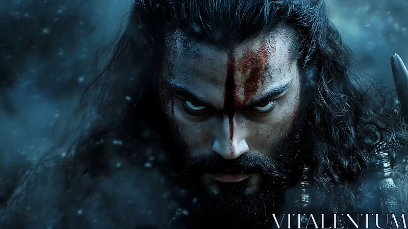 Storm-eyed warrior locked in an icy, unblinking stare.