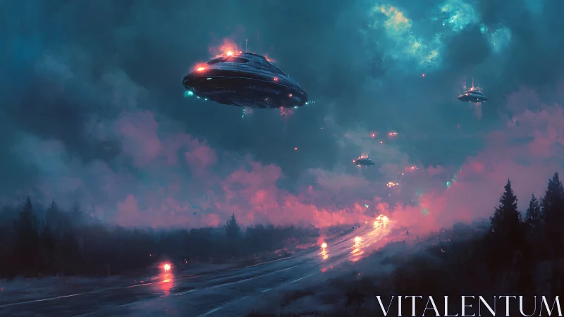 Mysterious UFOs glide above a glowing night highway scene