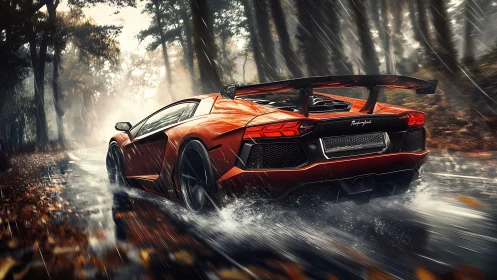 Red supercar accelerates through wet forest road in rain