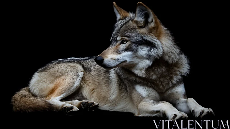 Resting gray wolf on black background in profile view.