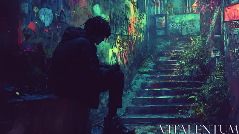Silhouetted figure in graffiti alley near worn concrete stairs.