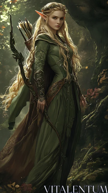 Elf archer in green forest armor holding bow and quiver.