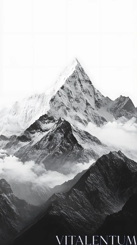 High-contrast monochrome alpine peak with layered ridgelines