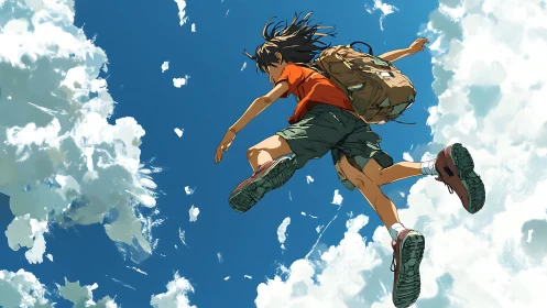 Skyward jump captures youthful freedom above bright clouds.