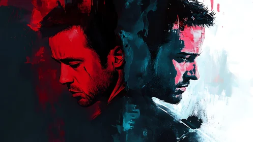 Split reflections in red and blue, a restless inner dialogue.