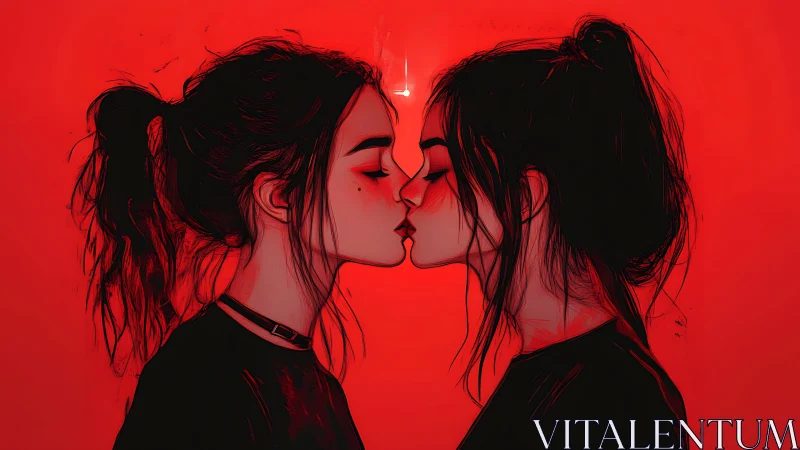 Two figures with closed eyes kissing against red background