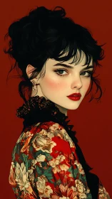 Portrait of dark haired woman in floral blouse on red background