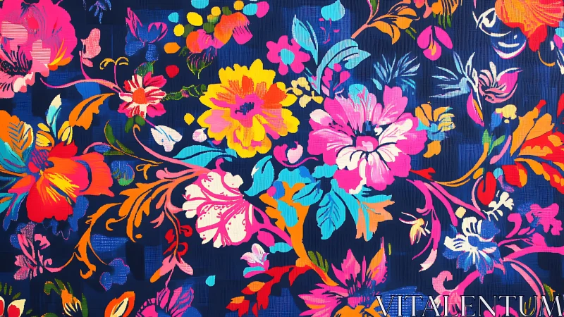 Vibrant neon floral pattern on deep indigo textile ground.