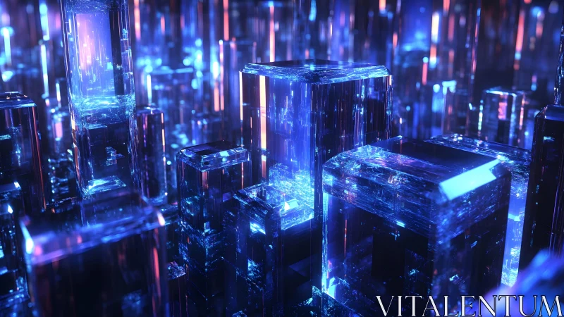 Futuristic Crystal Cityscape in Neon Blue Digital Art Style.