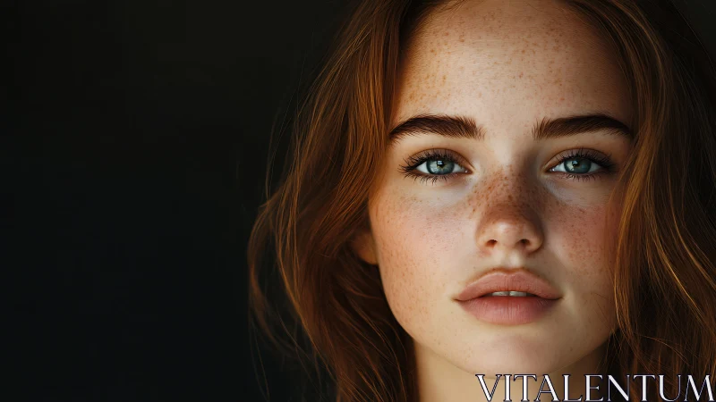 Quiet freckled portrait with luminous blue green eyes.