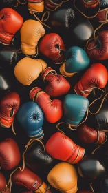 Colorful boxing gloves arranged on black background surface.