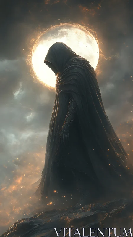 Hooded wraith silhouette against backlit lunar corona