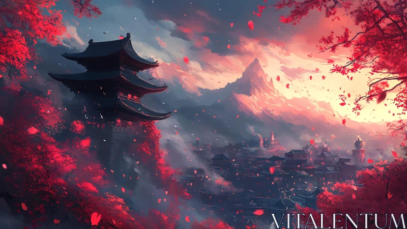 Crimson mountain temple at dusk above a dreaming valley.