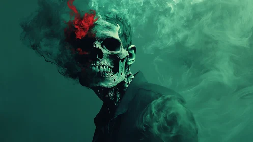 Smoldering skull figure in emerald smoke cloud portrait.