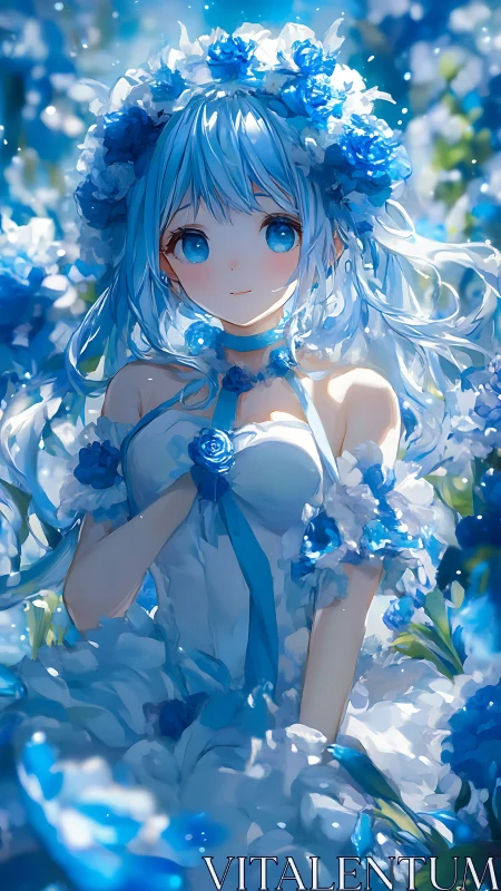 Gentle blue haired flower maiden smiles in a dreamy garden