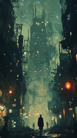 Lone figure crossing neon mist beneath colossal cyber tower.