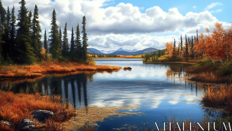 Autumn lake reflects pines and distant snowy mountain range.