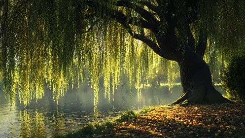Willow tree glows over misty lakeside at sunrise.