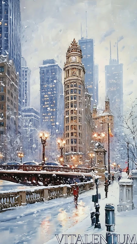 Historic city bridge and clocktower glow in gentle snowfall.
