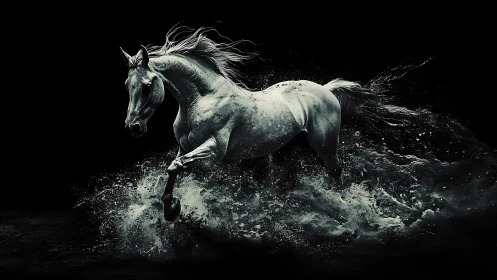 Monochrome horse moves through splashing water in darkness